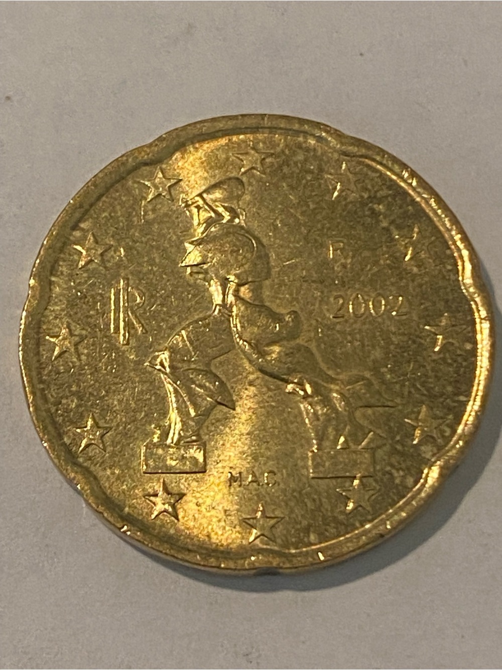 20 cents of Italian euro from 2002, made of Nordic gold.